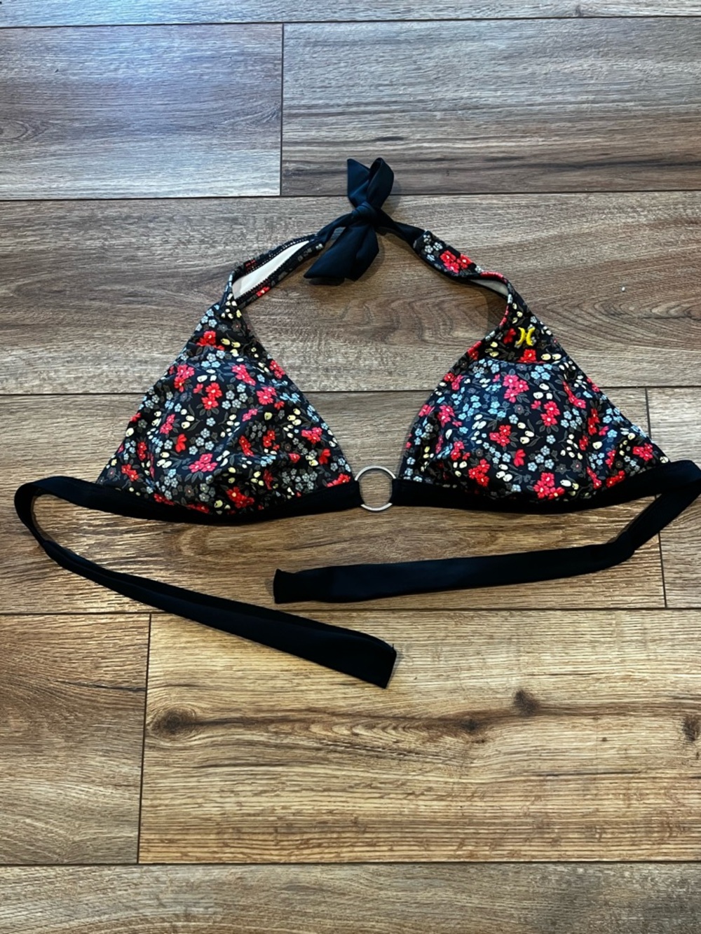 Hurley Black Floral Triangle Bikini Top Size D-Cup